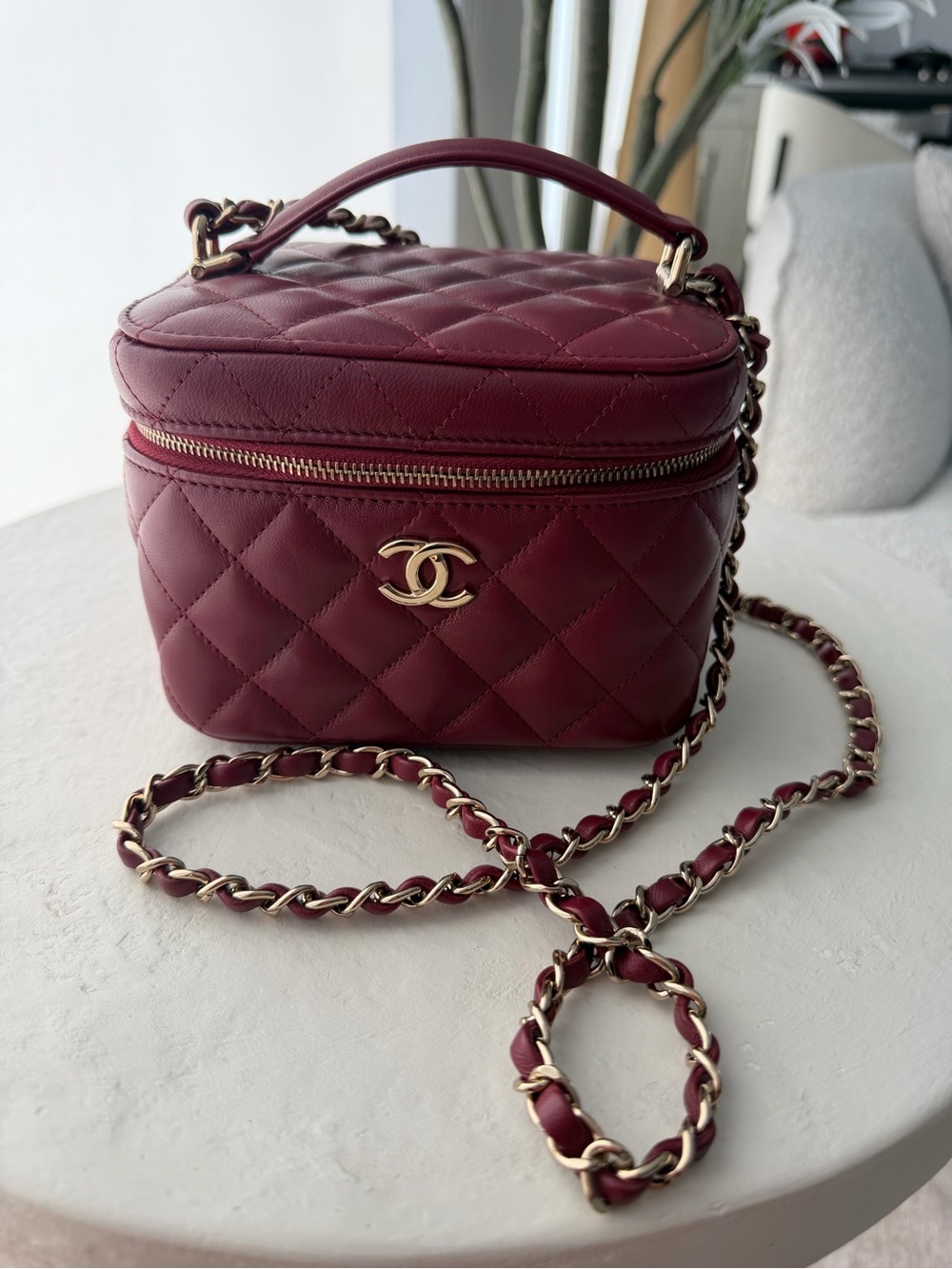 CHANEL Quilted Vanity Crossbody Bag in Burgundy with Gold Hardware